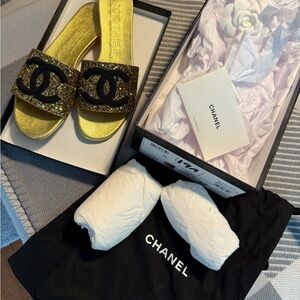CHANEL Gold Glitter Slide Mules with Black CC Logo